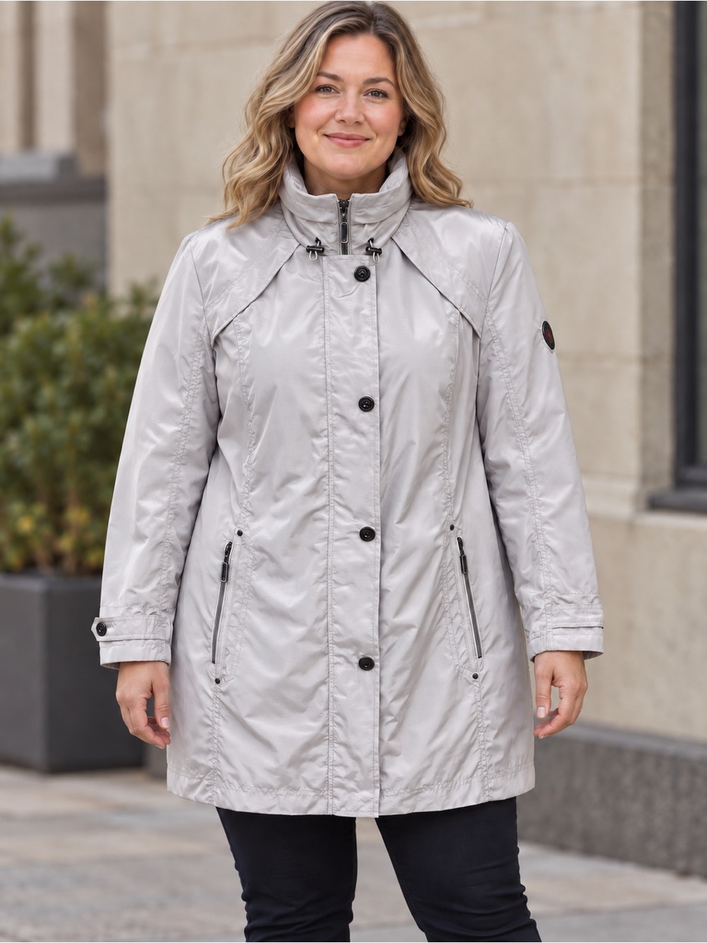 Barbara Lebek Shimmer Gray Hidden Hood Utility Trench Windbreaker XL